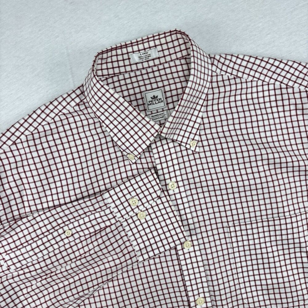 Peter Millar Shirt L White Burgundy Check Iowa State Cuff Logo